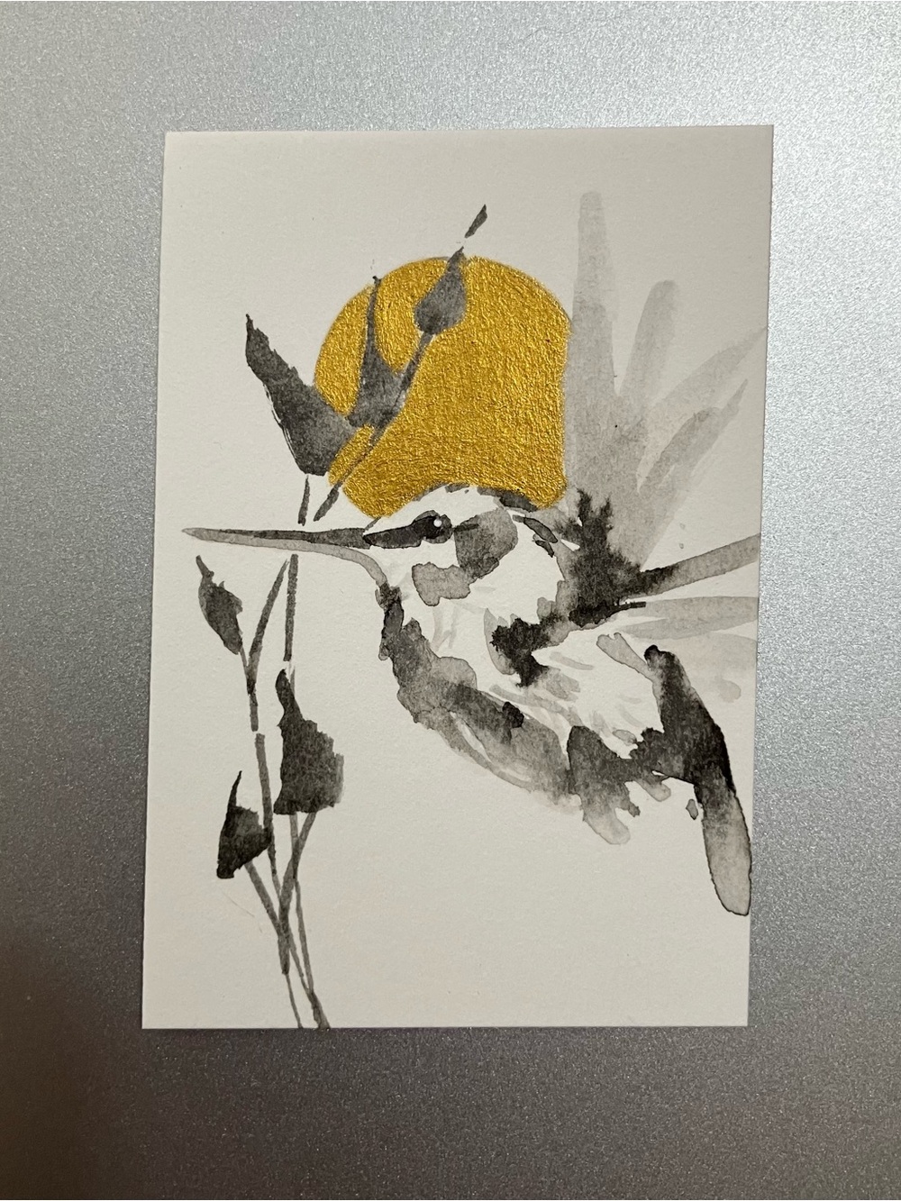 Original hummingbird painting miniature realism art sumi-e style artwork